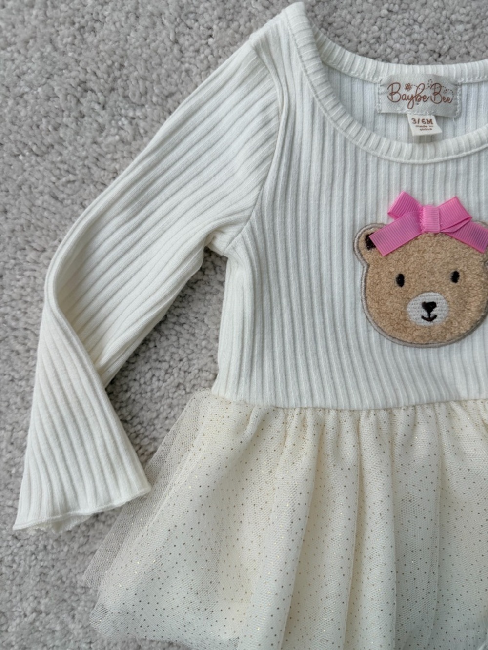 Baybe Bee Cream Ribbed Tutu Bodysuit with Bear Applique - Picture 2 of 7